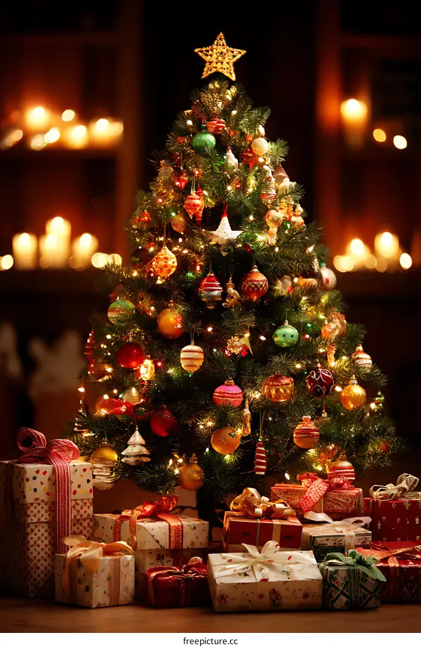 Christmas Tree Decorated with Gifts and Lights