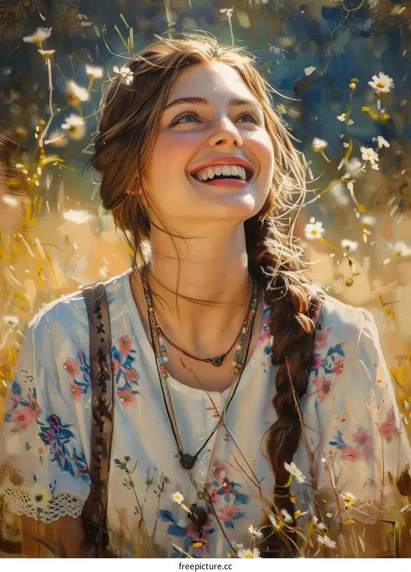 portrait of a smiling woman with long blond hair wearing a white dress standing in a field of flowers
