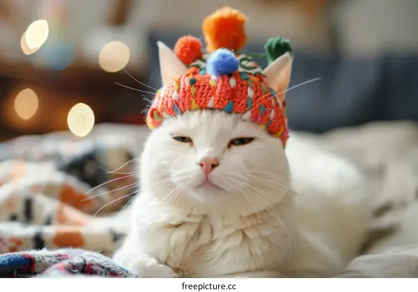 A white cat wearing a colorful hat sits on a bed