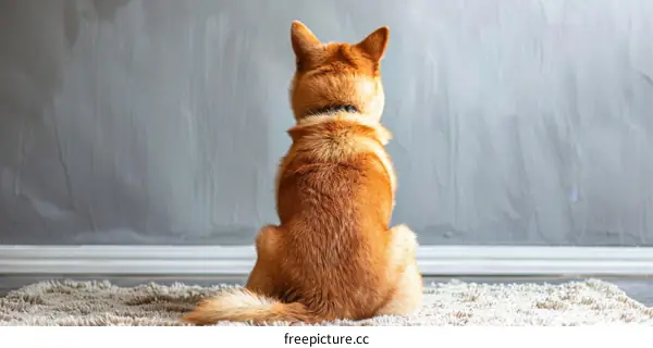 A lonely Shiba Inu sits on a carpet with its back to the camera