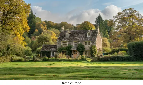 English countryside stone cottage in the autumn