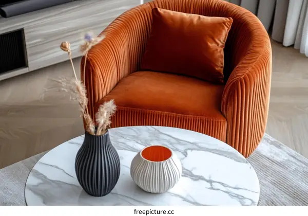 Modern Living Room Interior Design with Orange Velvet Armchair