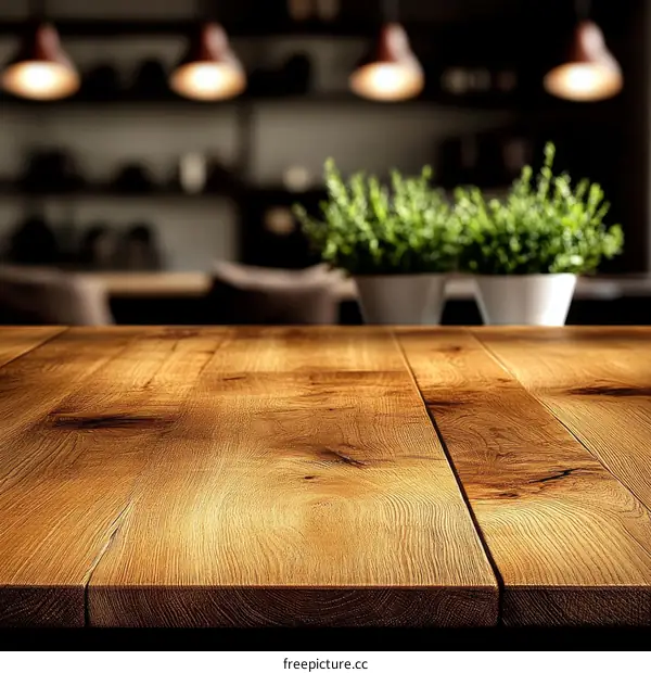 Wooden Table Top with Blurred Restaurant Interior