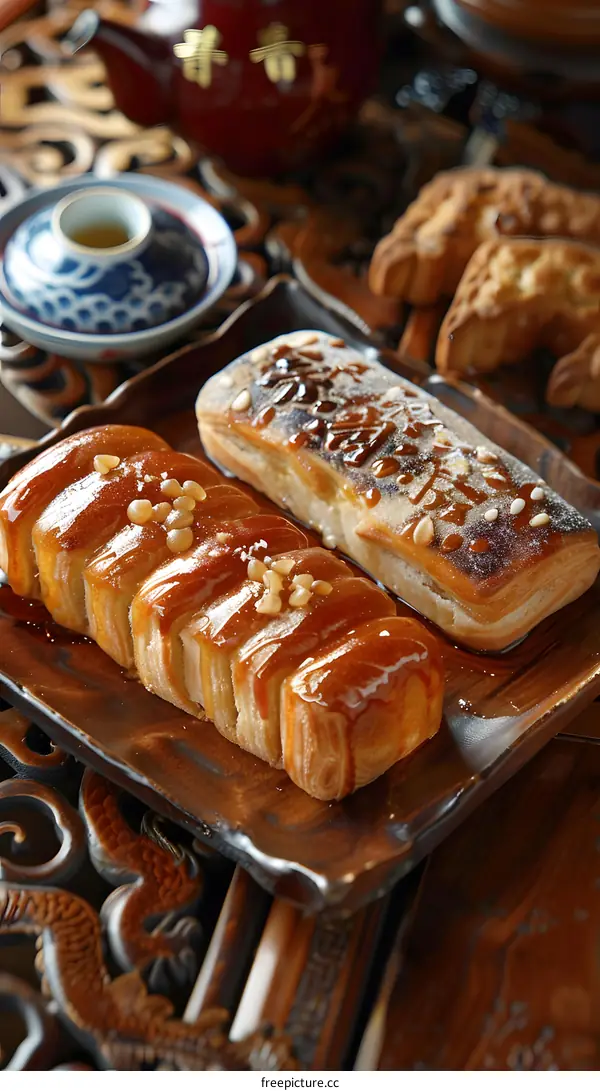 Two Delicious Chinese Pastry Cakes on a Wooden Plate
