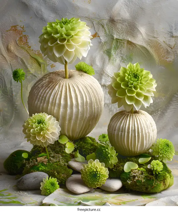 Green Flowers In White Vases On Moss With Stones