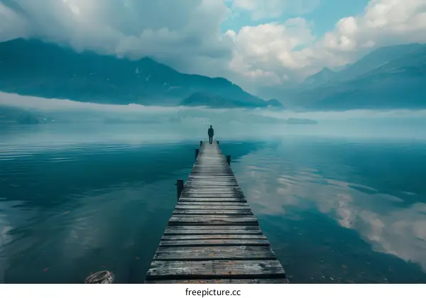 Man standing alone on a dock in a lake surrounded by mountains
