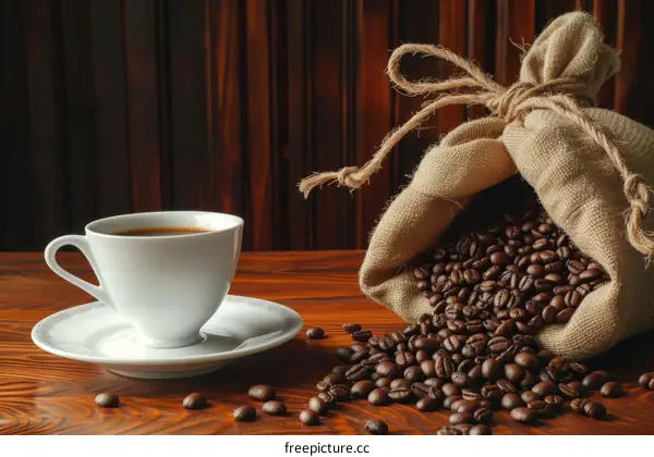 White cup of coffee on a saucer next to a burlap sack full of coffee beans on a wooden table
