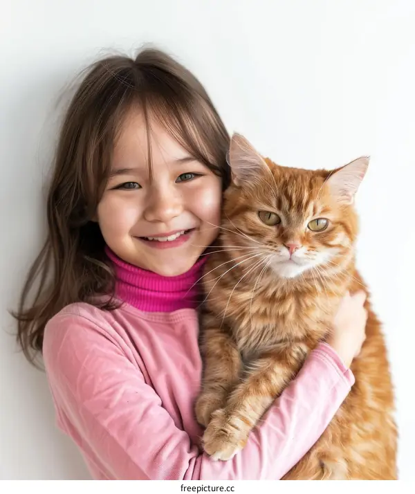 Little girl hugging a ginger cat
