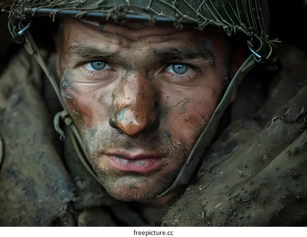 Portrait of a soldier with blue eyes and a dirty face