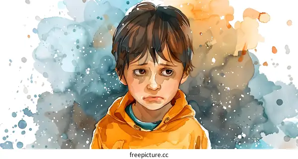 sad child with brown hair and brown eyes wearing a yellow hoodie