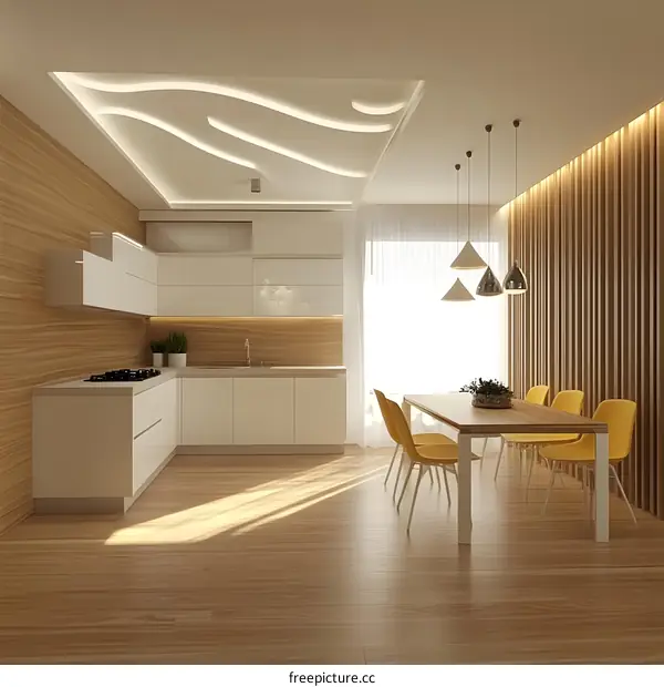 Modern Kitchen and Dining Room Interior Design with White Cabinets and Wooden Accents