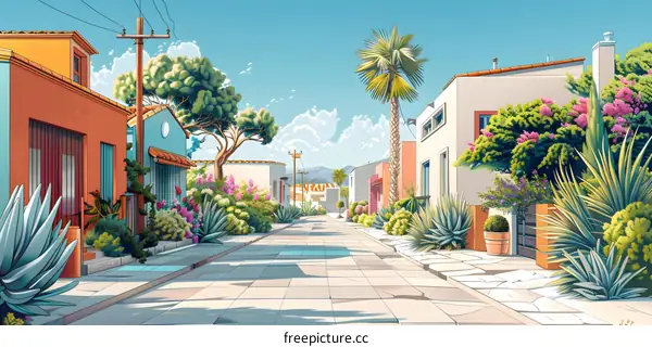 Summer Street in a Colorful Town