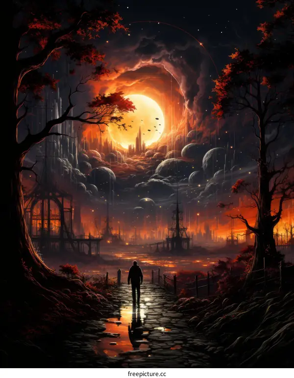 A lonely figure stands in a post-apocalyptic landscape