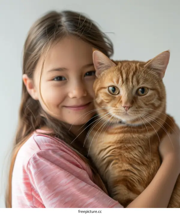 Little girl hugging an orange cat