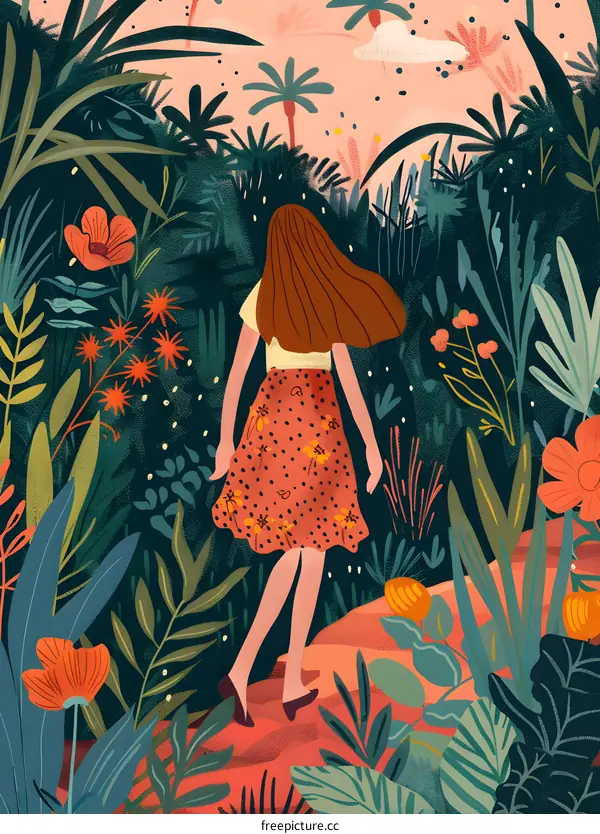 Woman Walking Through Lush Tropical Foliage