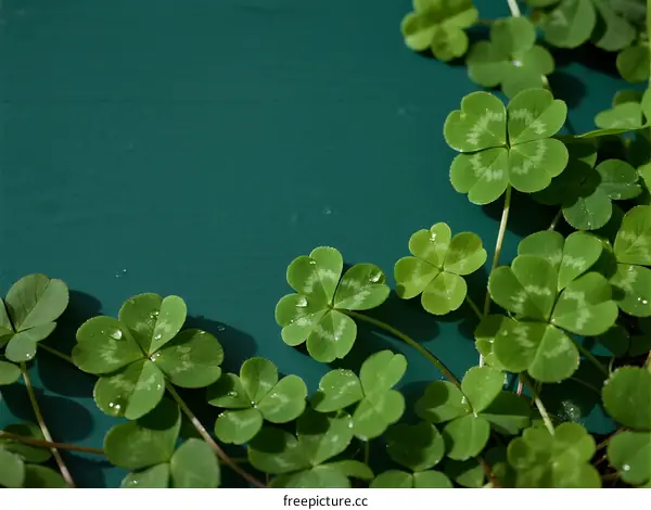 Close-up of green clover leaves with water droplets on vibrant background