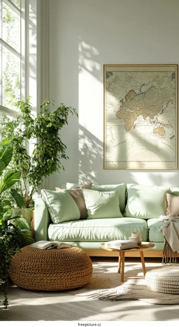 Modern Living Room Interior Design with a Vintage World Map