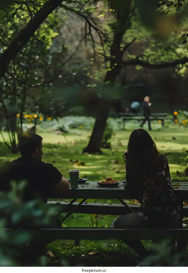 Couple Sitting On Picnic Table In Forest