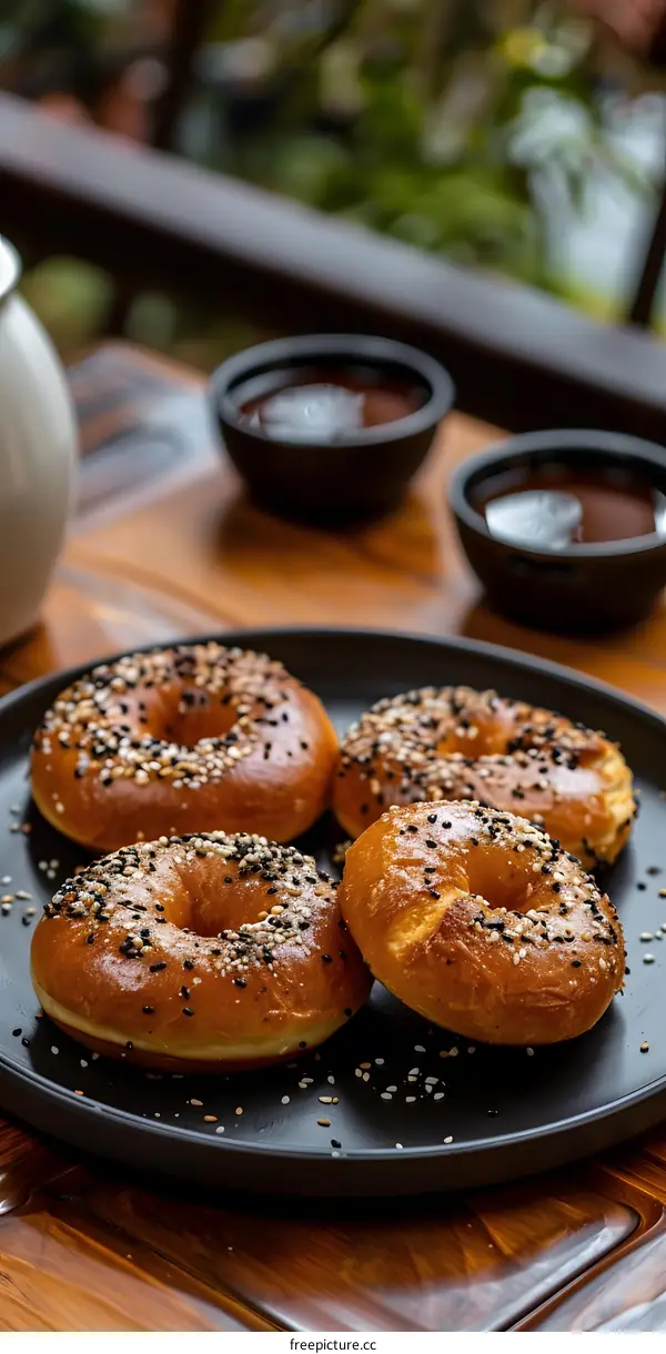 Close Up Of Four Bagels With Sesame Seeds On A Black Plate