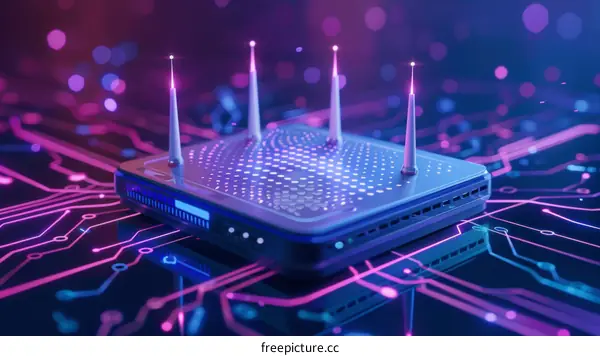 futuristic router with glowing antennas on circuit board