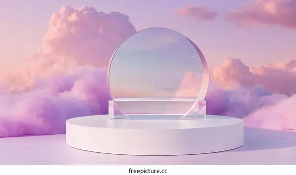 Pastel Pink Cloud Scene with a Circular Mirror Platform