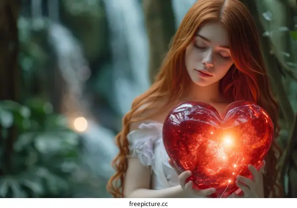 Girl holding a glowing heart in the forest