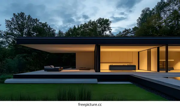 Modern House Exterior With Glass Walls and Wooden Panels at Dusk