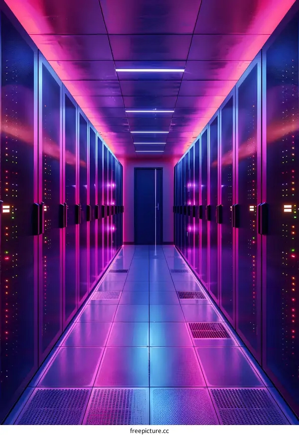 Server room with colorful neon lights illuminating the aisle