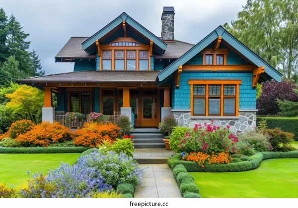 Colorful Craftsman Style House with Beautiful Landscaping