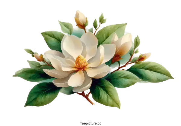 [Transparent Background PNG]Watercolor Illustration of a Beautiful Magnolia Flower Bouquet