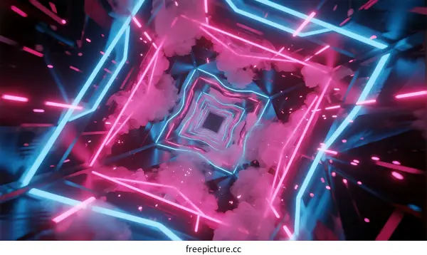 Neon Light Tunnel Abstract Background with Geometric Shapes