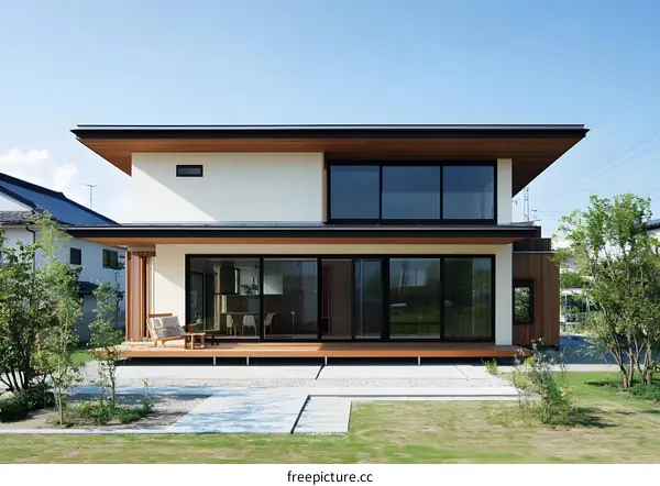 Modern Japanese House with Large Windows and Wooden Deck