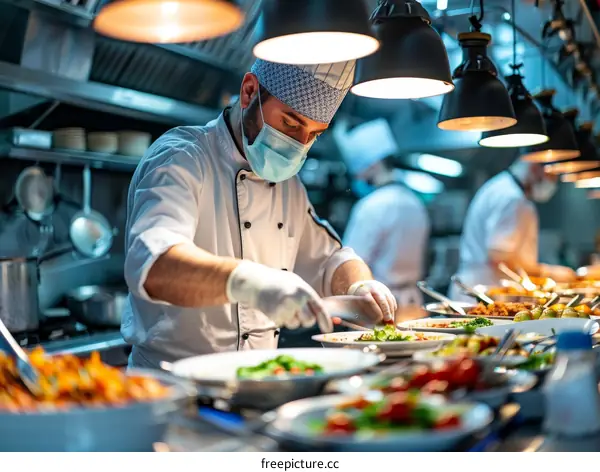 Chef wearing a mask and gloves preparing food in a commercial kitchen