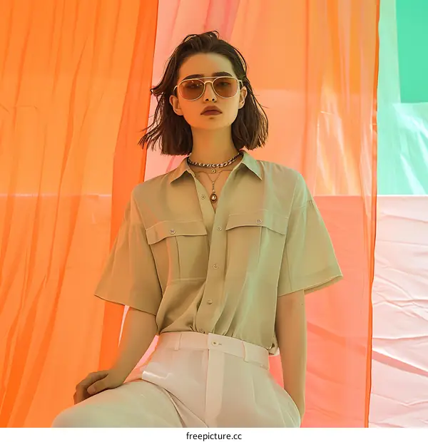 Fashionable Woman Wearing Sunglasses and White Pants Against a Colorful Backdrop
