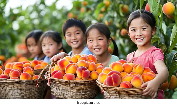 Happy Children Picking Peaches in Orchard