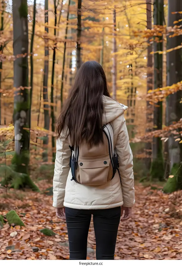 Woman Walking Through Autumn Forest
