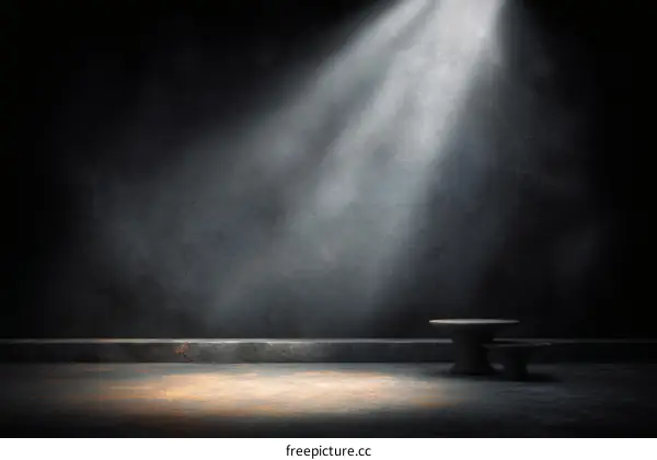 Empty Dark Room with Spotlight and Stone Table