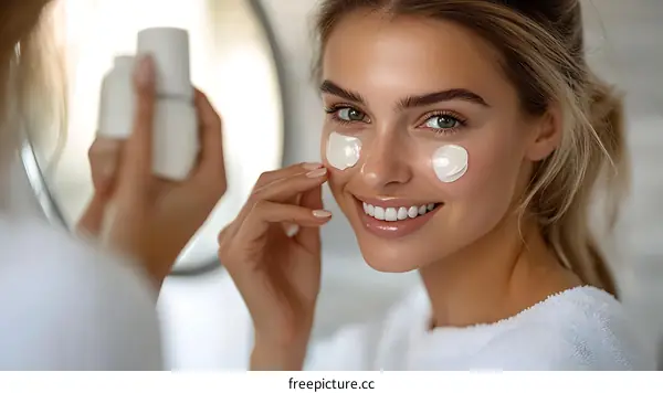 Woman Applying Face Mask in Bathroom Mirror