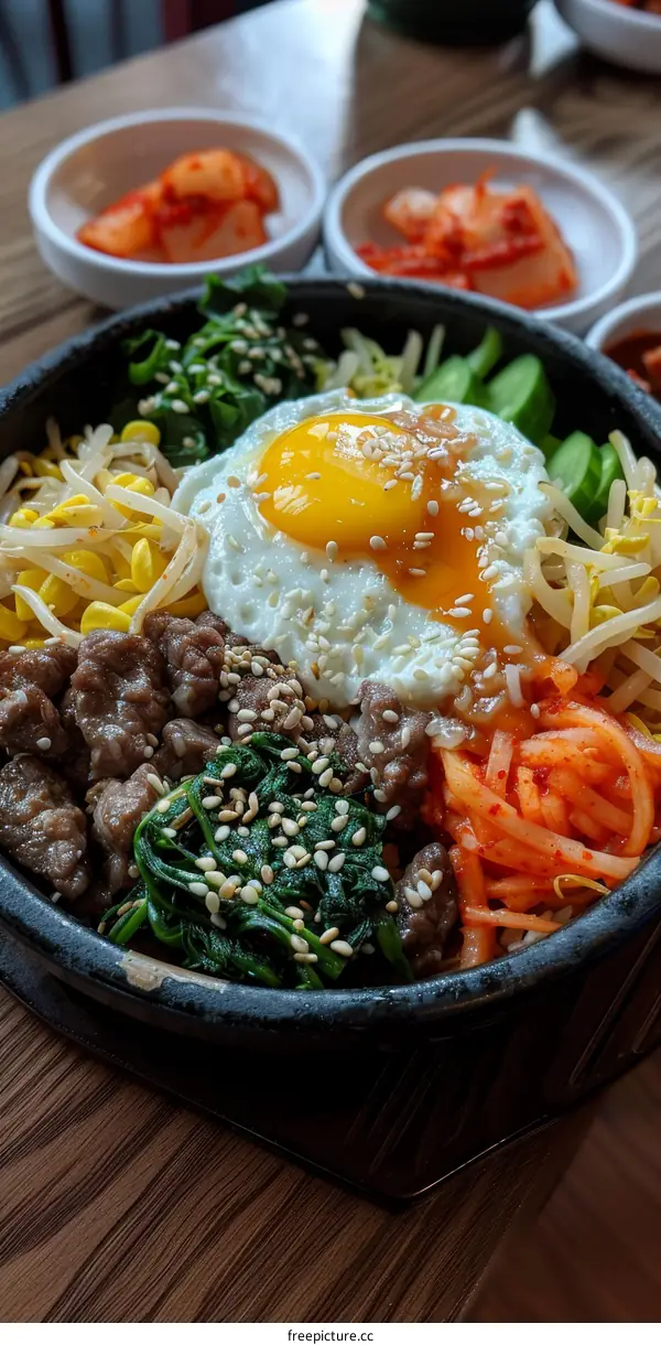 Korean traditional food bibimbap with egg and beef