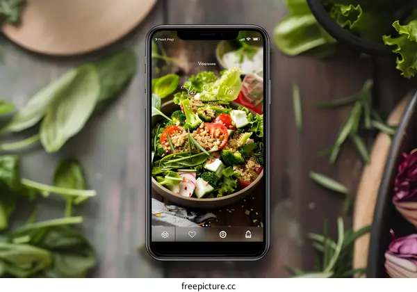 Closeup of a Phone Screen Showing a Salad Recipe