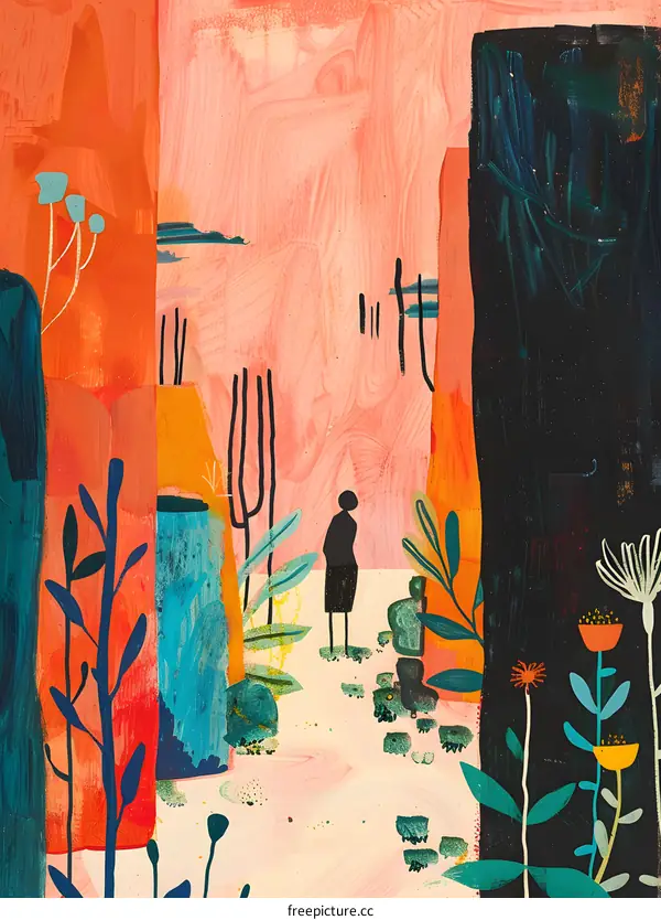 Abstract Art With a Single Person Walking Through a Colorful Garden
