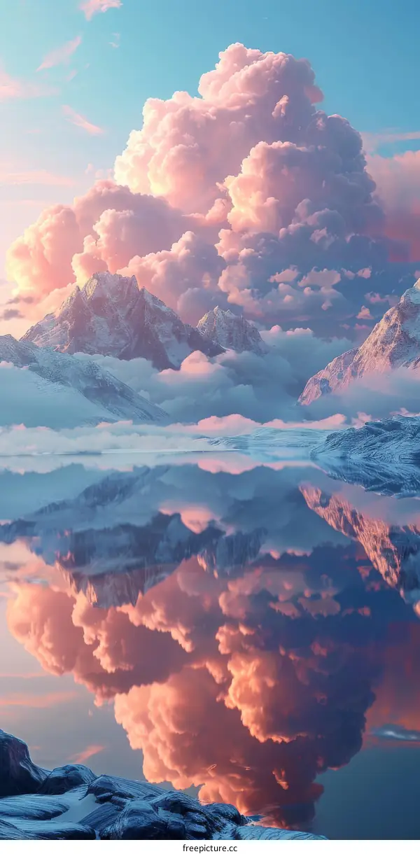 A beautiful landscape of snow-capped mountains and a calm lake reflecting the sky