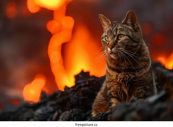 Cat Perched on Lava Rock Near Active Volcano
