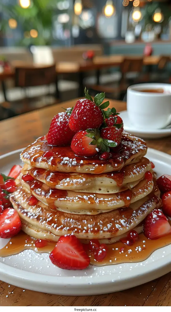Mouthwatering Pancakes with Sweet Drizzle and Fresh Strawberry Toppings