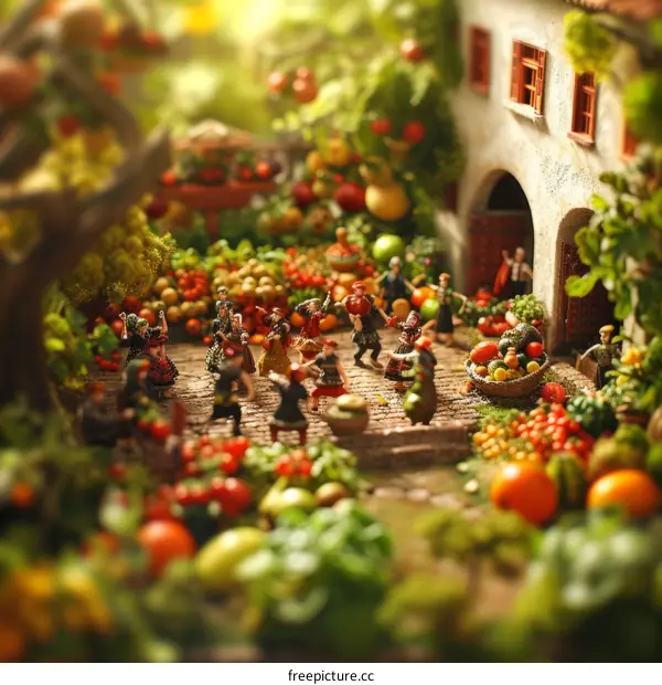 A group of people are dancing and celebrating in a market full of fresh fruits and vegetables.