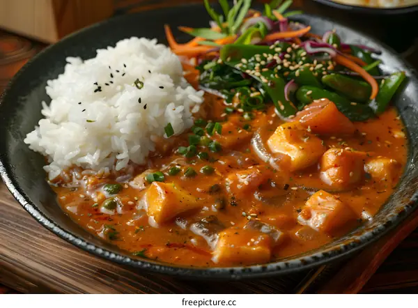 A plate of curry with rice and vegetables
