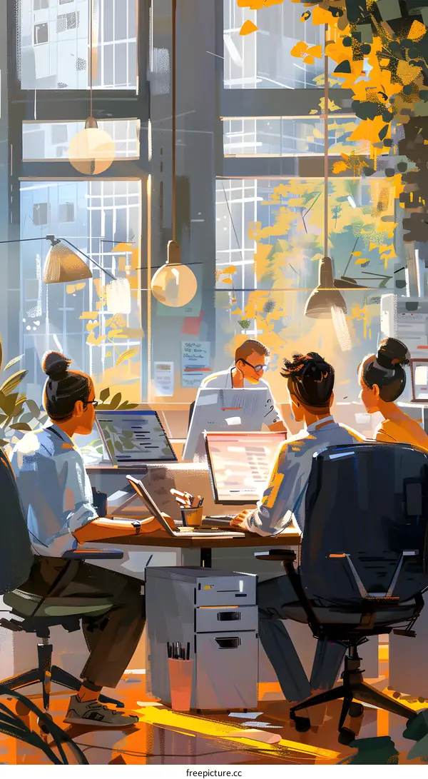 Illustration of a group of people working together in an office