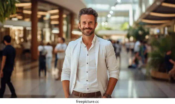 A man in a white suit is standing in a shopping mall.