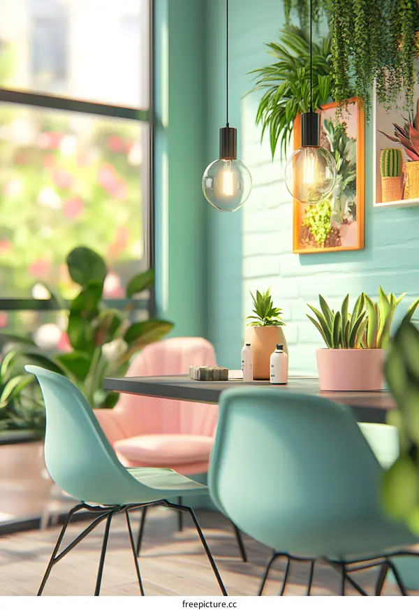 Minimalist Interior Design with Green Plants and Light Bulbs