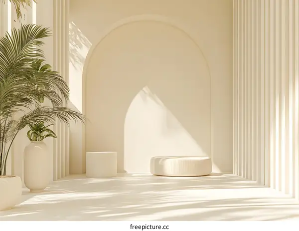 Minimalist 3D Render of White Room with Arch and Platforms